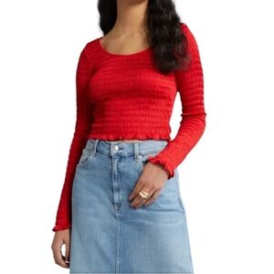 Open Edit Smocked Long Sleeve Crop Top Shirt Sz Medium Red Goji NEW